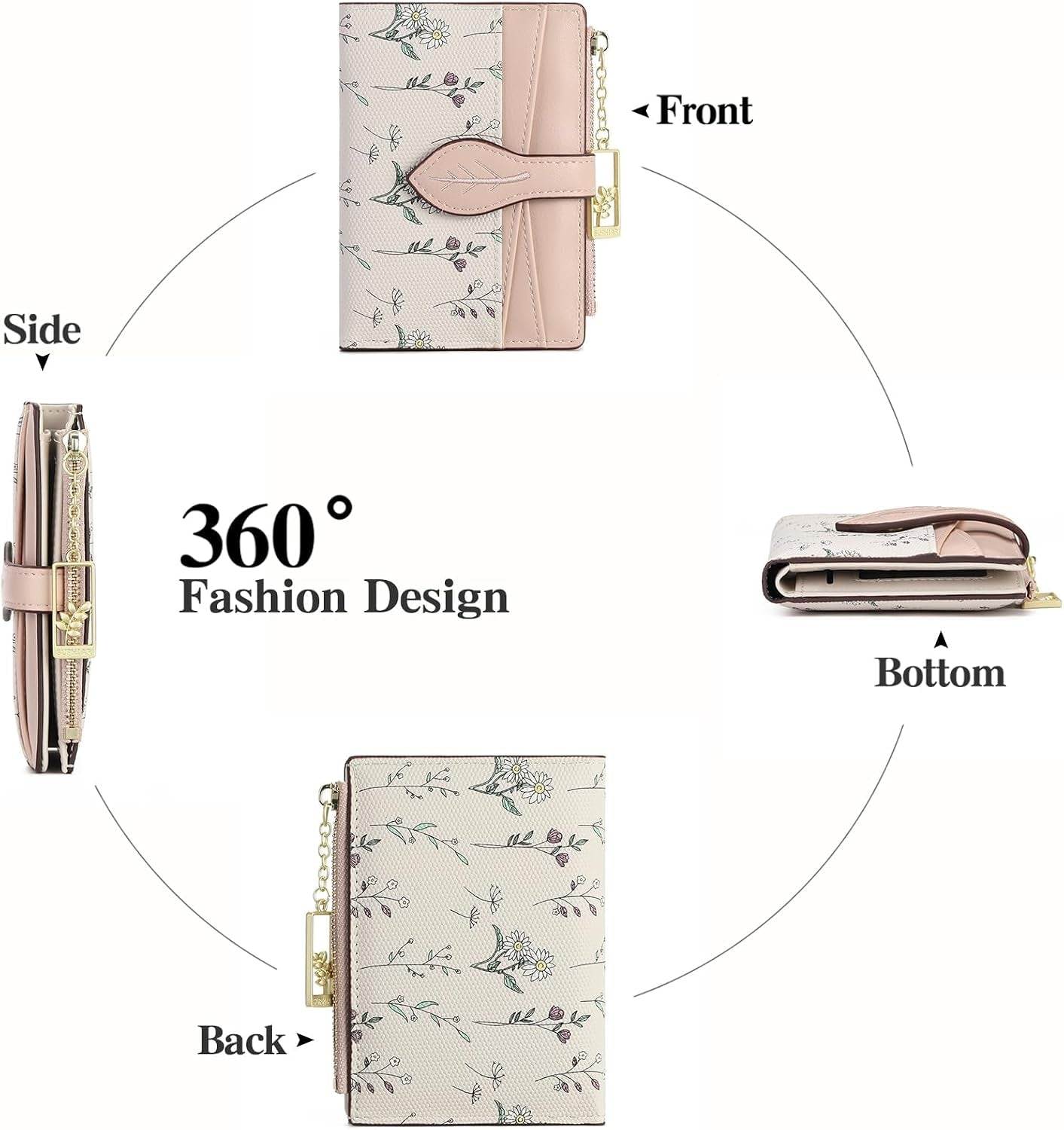Small Wallets for Women RFID Blocking Bifold Floral Vegan Leather Wallet Card Holder with Zipper Pocket ID Window