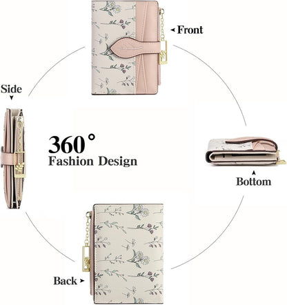 Small Wallets for Women RFID Blocking Bifold Floral Vegan Leather Wallet Card Holder with Zipper Pocket ID Window
