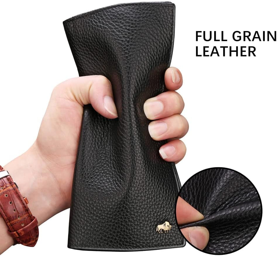 RFID Bifold Wallets Slim Credit Card Wallet Real Leather Mens Long Wallet with Zipper Coin Pocket