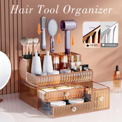 Youdepot Tempered Glass Makeup Organizer Countertop for Vanity & Skincare + 5-Drawer Glass Jewelry Box Organizer for Women with Velvet Storage