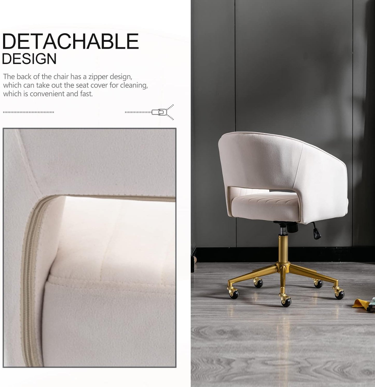 Velvet Office Desk Chair, Upholstered Home Office Desk Chairs with Adjustable Swivel Wheels, Ergonomic Office Chair for Living Room, Bedroom, Office, Vanity Study (Beige)