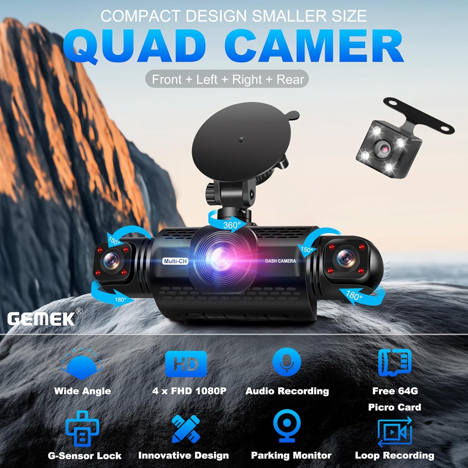 4 Channel Dash Cam 360° View 5G Wifi & APP Control,  2K Front and Rear Inside, Left Right Dash Camera for Cars Free 64GB TF Card, G-Sensor, Night Vision, 24H Parking Mode Keyboard Wrist Rest Pad