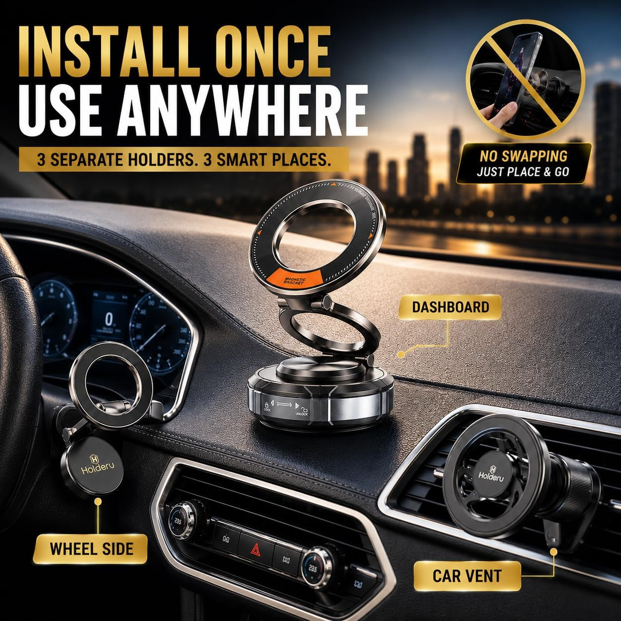 Magnetic Car Phone Mount for Magsafe – 3 Holder Bundle (Dashboard, Air Vent & Steering Side) Strong Magnetic Hold with Premium Build Quality - Car Phone Holder for Iphone 17 Pro Max & All Phones