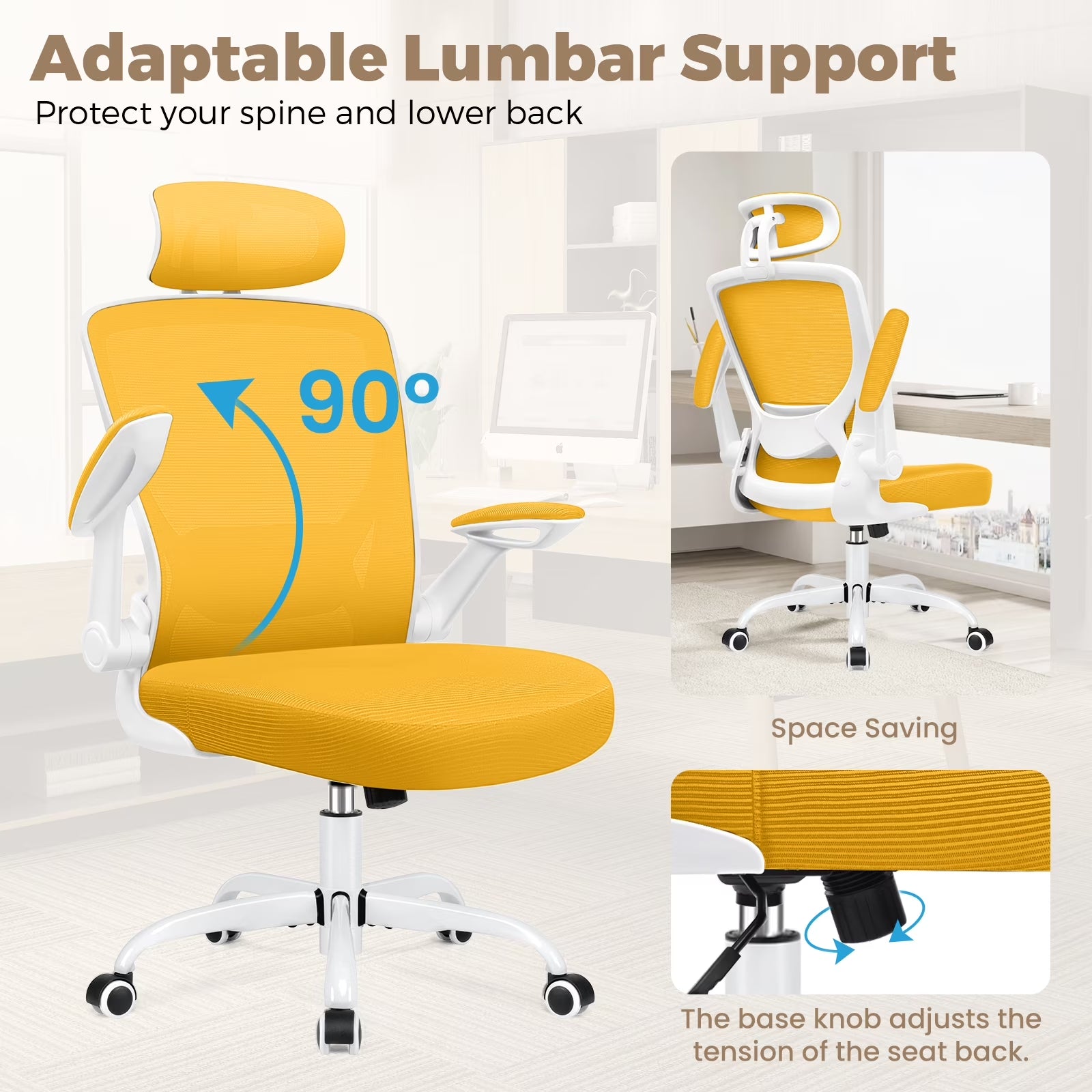 Office Chair Ergonomic Desk Chair, High Back Office Chair with Headrest, Big and Tall Comfy Home Office Desk Chair Lumbar Support Breathable Mesh Office Chair, Yellow
