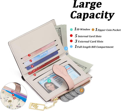 Small Wallets for Women RFID Blocking Bifold Floral Vegan Leather Wallet Card Holder with Zipper Pocket ID Window