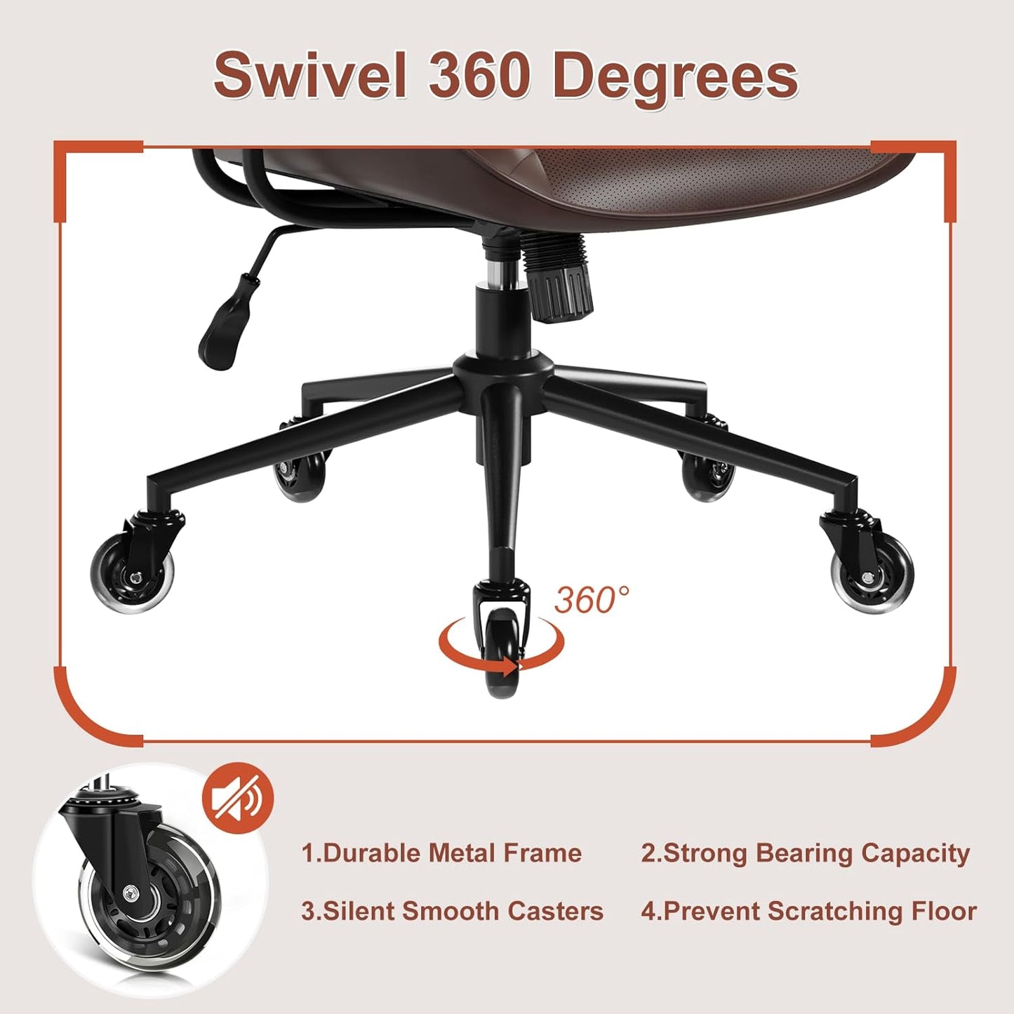 Home Office Desk Chair, Adjustable Comfy Office Chair with Wheels,Leather Office Chair with Removable Armrests, Office Desk Chair with Lumbar Support for Home Office or Workspace, Dark Brown