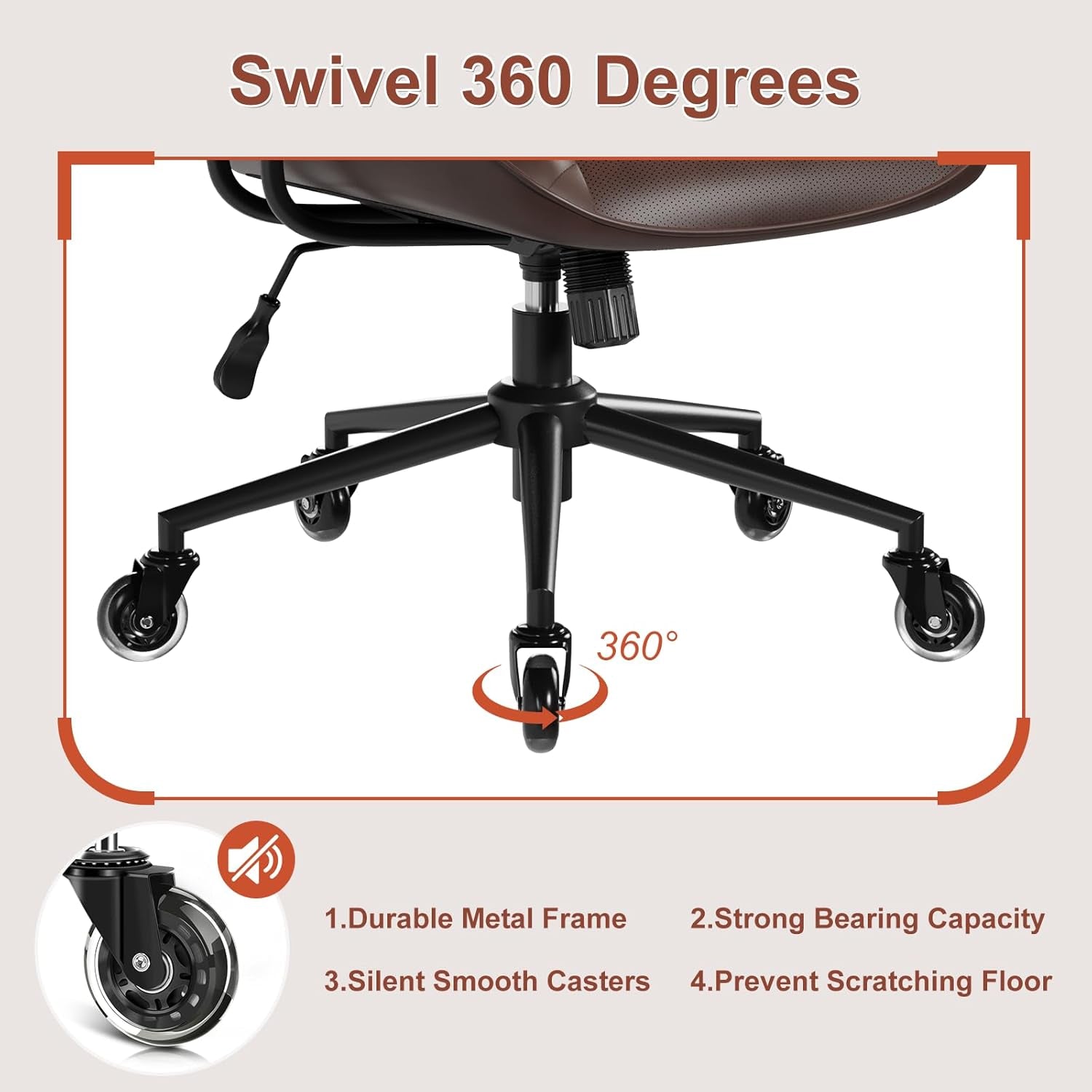 Home Office Desk Chair, Adjustable Comfy Office Chair with Wheels,Leather Office Chair with Removable Armrests, Office Desk Chair with Lumbar Support for Home Office or Workspace, Dark Brown