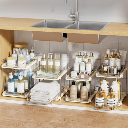 2-Tier Multi-Purpose Bathroom under Sink Organizers and Storage, Stackable Kitchen Pantry Organization, Pull Out Medicine Cabinet Organizer with Movable Dividers, Beige, 4 Pack