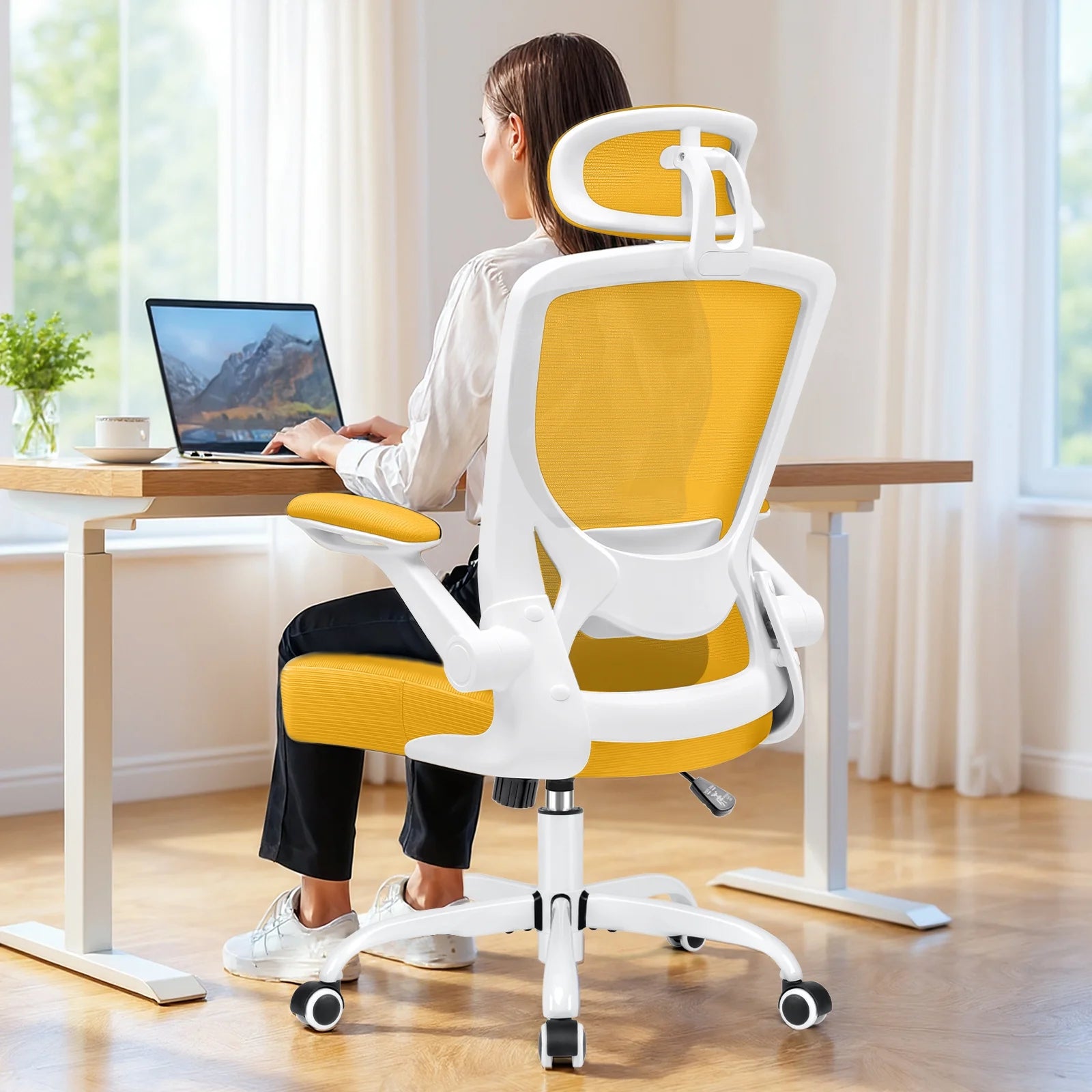 Office Chair Ergonomic Desk Chair, High Back Office Chair with Headrest, Big and Tall Comfy Home Office Desk Chair Lumbar Support Breathable Mesh Office Chair, Yellow