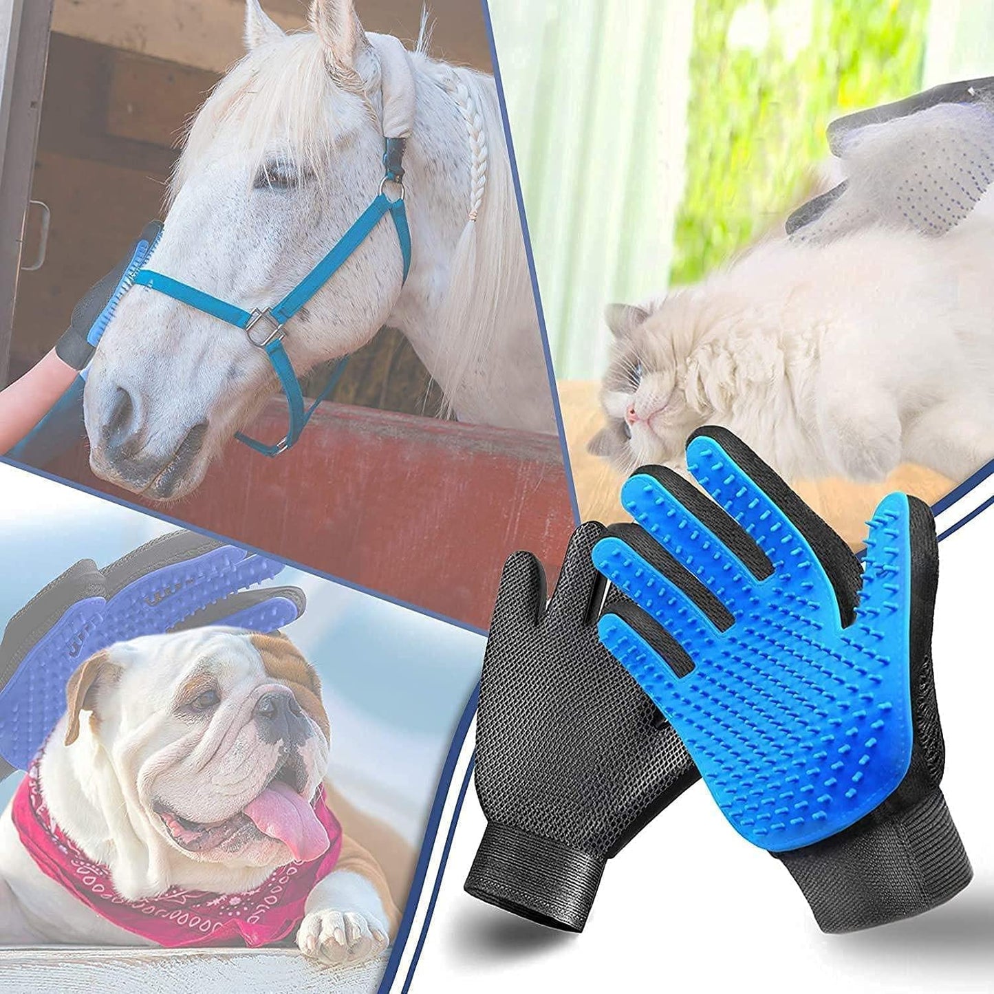 Pet Grooming Glove Hair Remover Brush Gentle Deshedding Efficient Pet Mitt Pet Massage Gloves Left & Right Hand Draw Dogs Cats Horses Long Short Fur (1Pair Left & Right Hand (Blue))