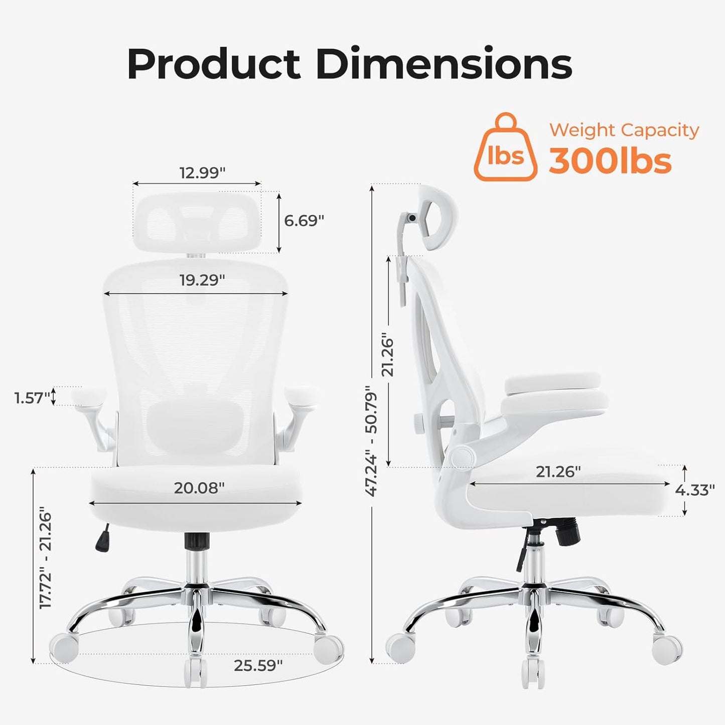 Office Chair Ergonomic Office Chair with Lumbar Support, Head Support, Rocking Function, Flip-Up Armrests, Mesh High Back Chair Home Office Desk Chair, Suitable for Home, Office, White