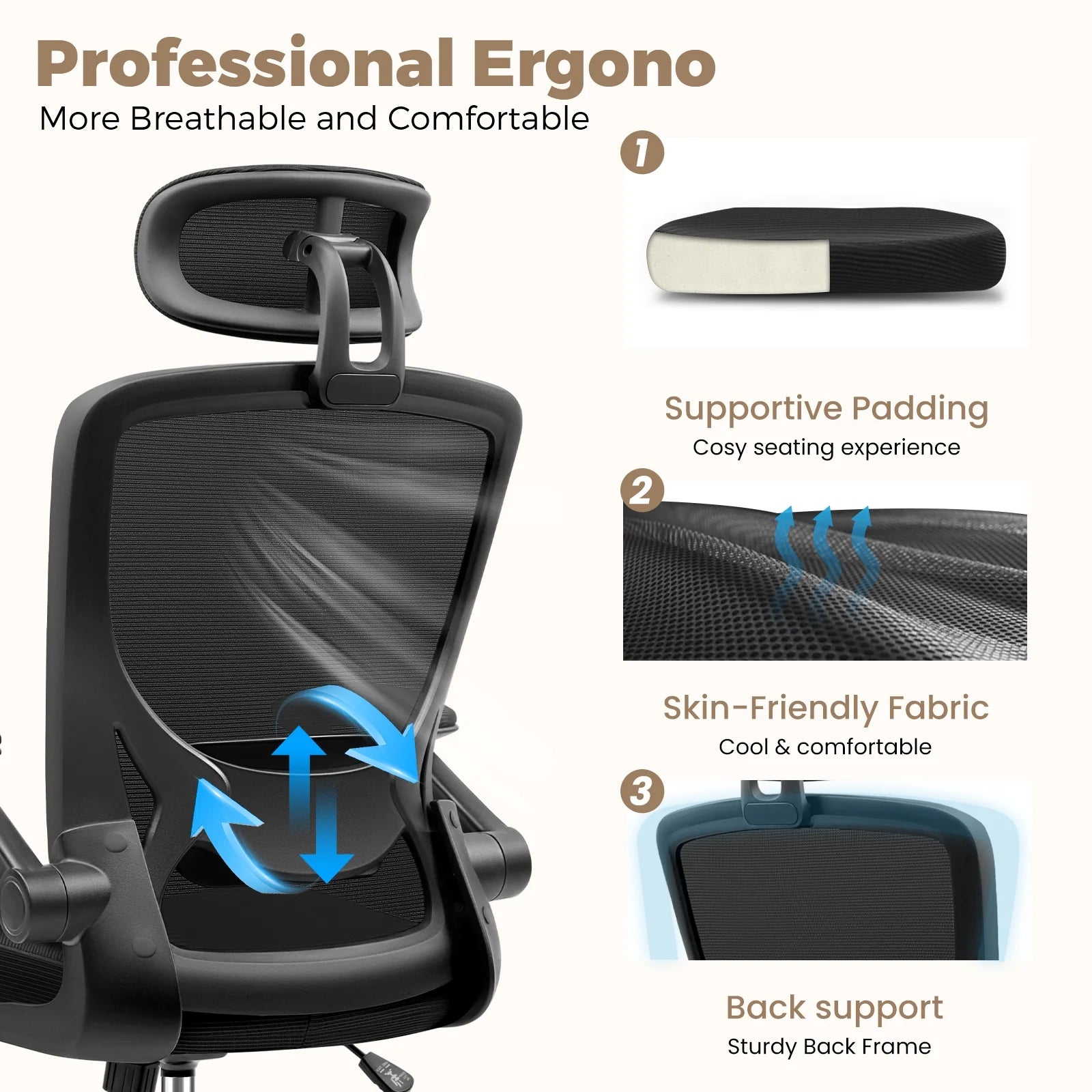 Office Chair Ergonomic Desk Chair, High Back Office Chair with Headrest, Big and Tall Comfy Home Office Desk Chair Lumbar Support Breathable Mesh Office Chair, Black