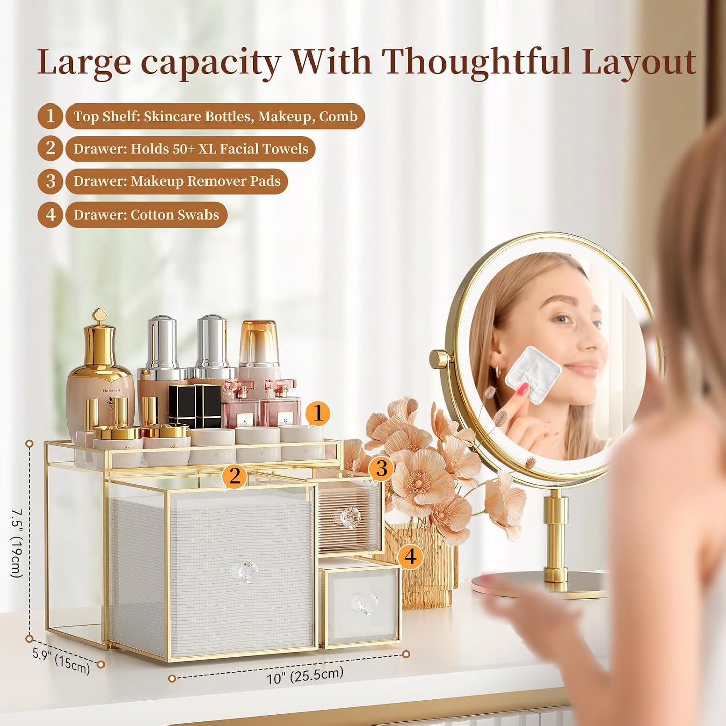 Clear Makeup Organizer Countertop with Gold Frame for Vanity Skincare + Tempered Glass Disposable Face Towel Holder with 3 Drawers for Bathroom Storage