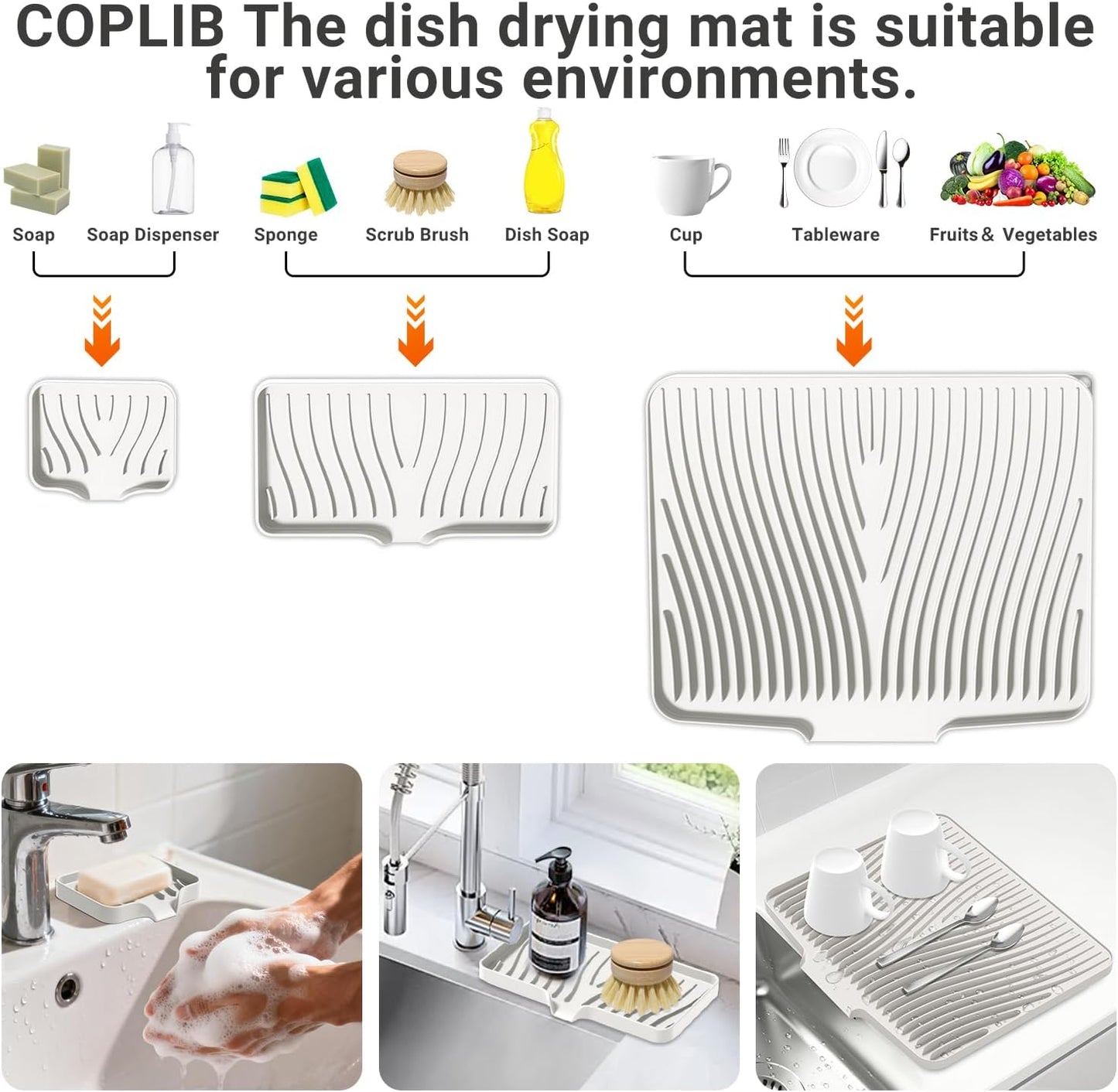Silicone Dish Drying Mat for Kitchen Counter,Dish Drying Pad,Non-Slip Drain Pad with Built-In Drain,Heat Resistant Stone Drying Mat,15.8"X 13",Cream，1Set