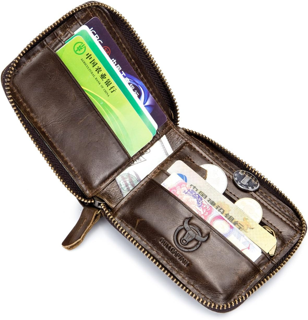 Mens Leather Wallet Zipper RFID Blocking Wallets Coins Purse (Deep Brown)