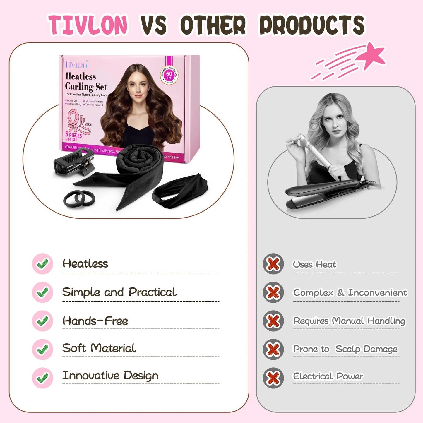 Professional Ribbon Hair Rollers, 5 Piece Set, Heatless Curling Set, Black