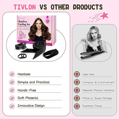 Professional Ribbon Hair Rollers, 5 Piece Set, Heatless Curling Set, Black