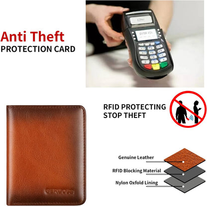 Bifold Slim Men Wallet Genuine Leather Thin, Small Vertical RFID Blocking Wallets for Men ，Compact & Stylish with Clear ID Windows (Brown)