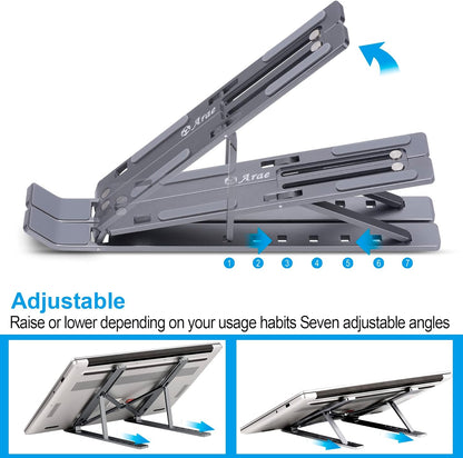Laptop Stand for Desk, Adjustable Portable Laptop Riser, Aluminum Foldable Ergonomic Computer Stand, Ventilated Cooling Laptop Holder for 9-15.6’’ Laptops Tablet, Silver
