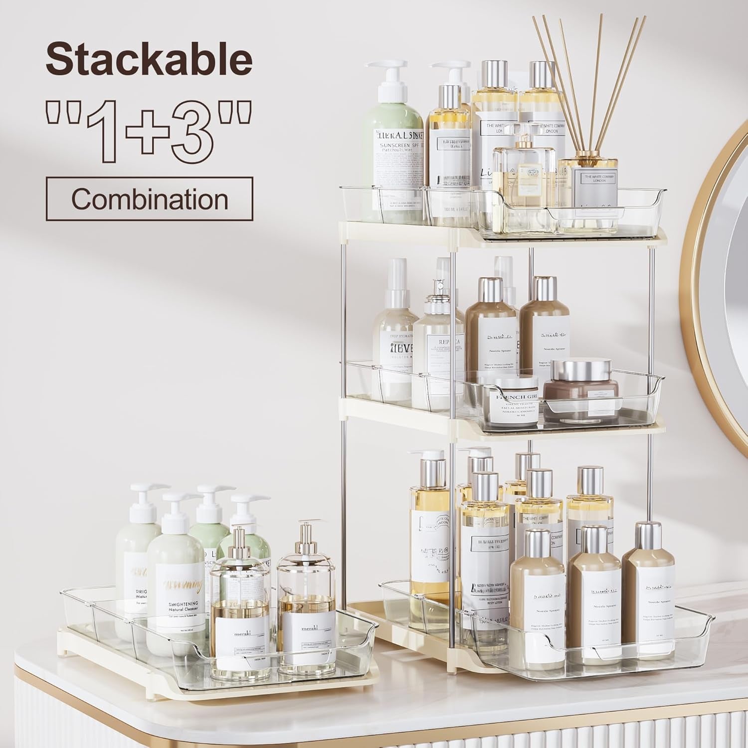 2-Tier Multi-Purpose Bathroom under Sink Organizers and Storage, Stackable Kitchen Pantry Organization, Pull Out Medicine Cabinet Organizer with Movable Dividers, Beige, 4 Pack
