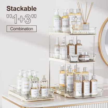 2-Tier Multi-Purpose Bathroom under Sink Organizers and Storage, Stackable Kitchen Pantry Organization, Pull Out Medicine Cabinet Organizer with Movable Dividers, Beige, 4 Pack