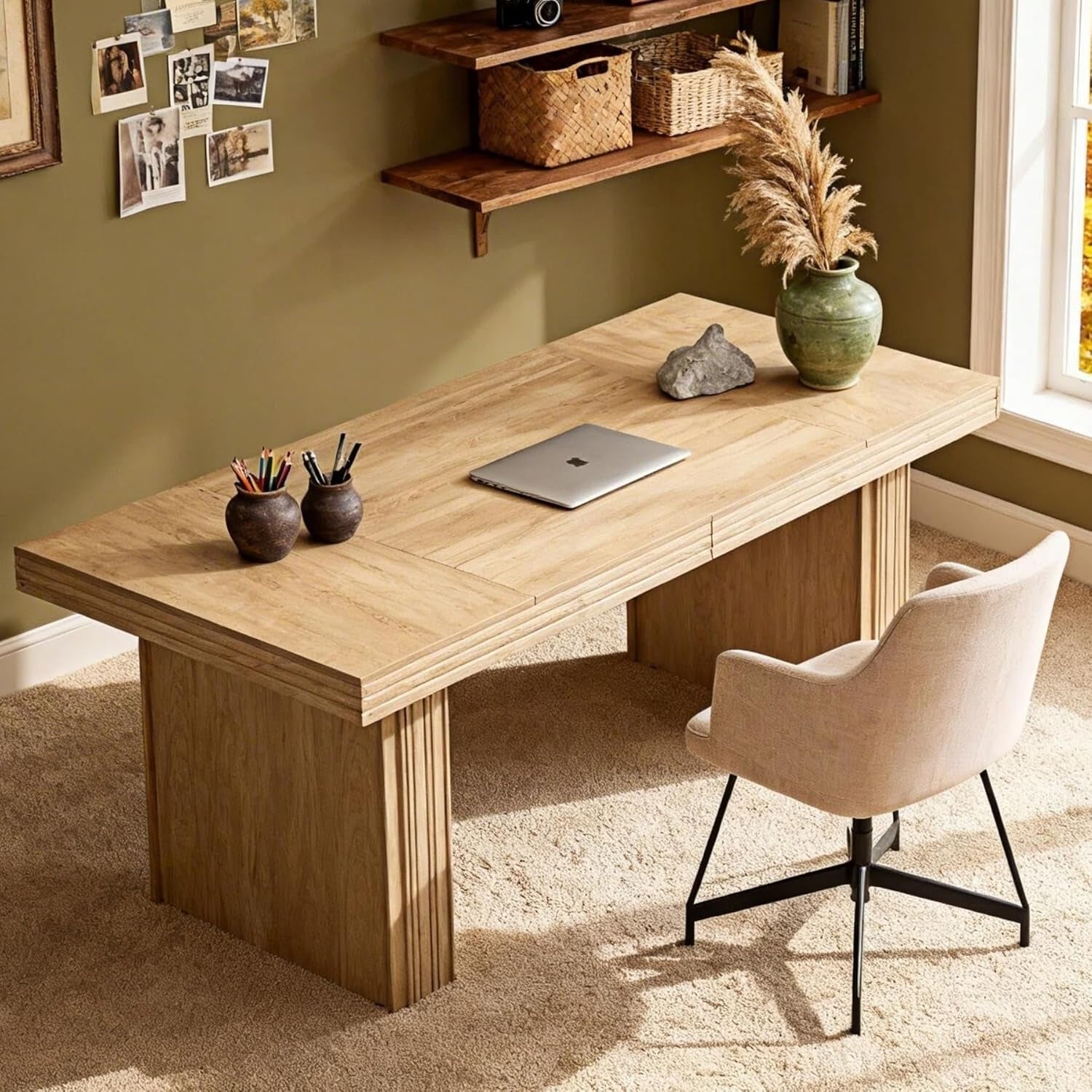 Tribesigns Modern Office Desk, Home Office Table with Wide Fluted Legs, Modern Desk for Home Office, Natural