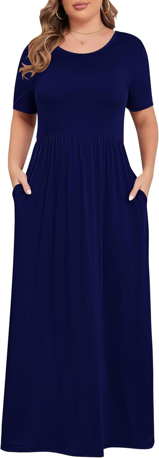 Women’S plus Size Maxi Dresses for Curvy Women Summer Casual Short Sleeve 2026 Long Dress 14W-26W