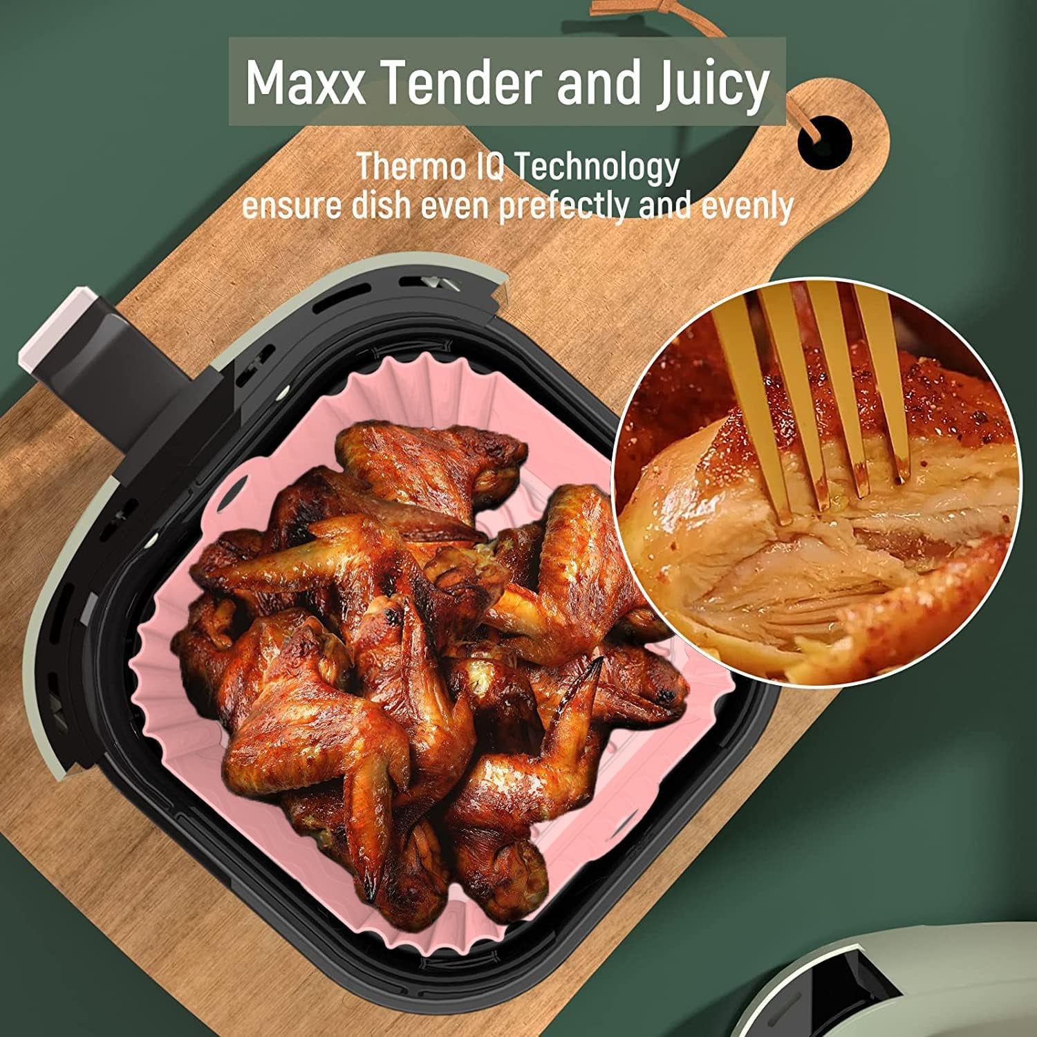8 Inch Square Silicone Air Fryer Liners (2 Pack) Pink & Grey Reusable Non-Stick Inserts with Handles for Mess-Free Cooking & Heat Resistance – for Airfryer Ninja COSORI Instant Vortex & More
