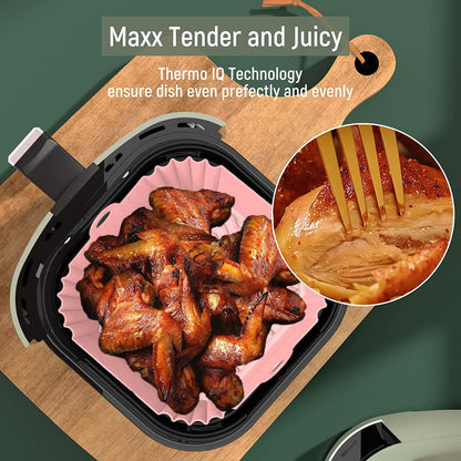 8 Inch Square Silicone Air Fryer Liners (2 Pack) Pink & Grey Reusable Non-Stick Inserts with Handles for Mess-Free Cooking & Heat Resistance – for Airfryer Ninja COSORI Instant Vortex & More