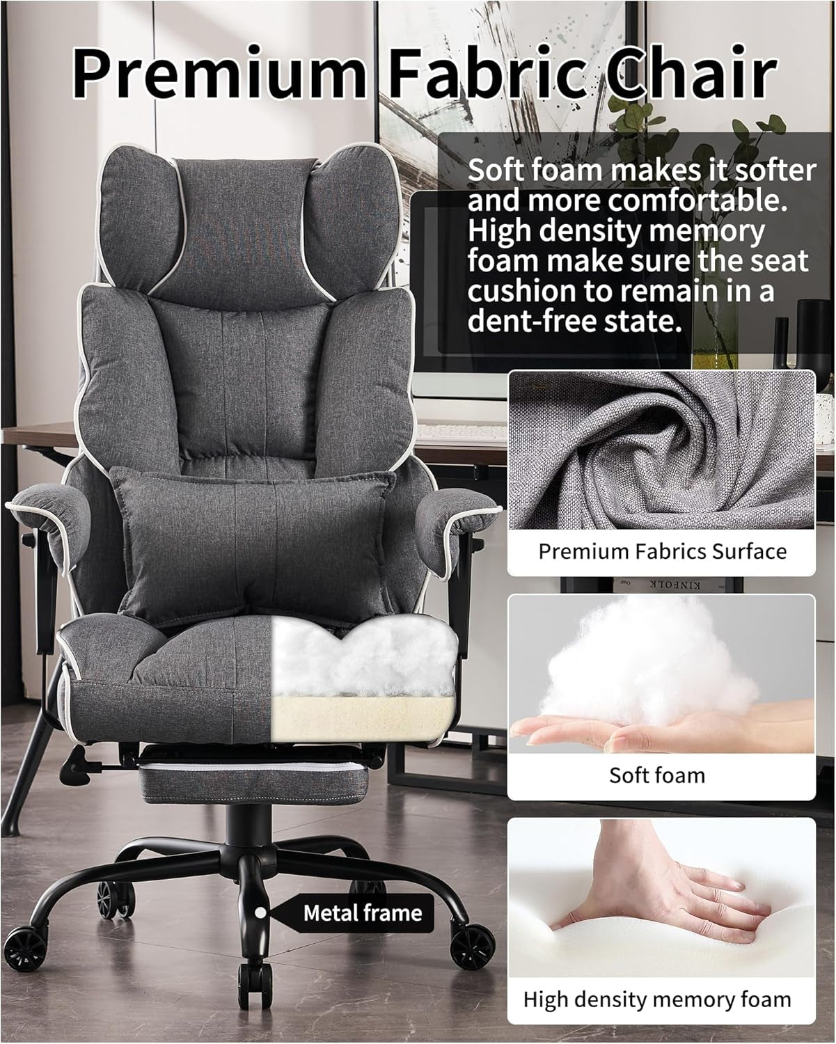 Fabric Office Chair, Big and Tall Office Chair 400 Lb Weight Capacity, High Back Executive Office Chair with Foot Rest, Ergonomic Office Chair for Back Pain Relief, Gray