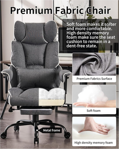 Fabric Office Chair, Big and Tall Office Chair 400 Lb Weight Capacity, High Back Executive Office Chair with Foot Rest, Ergonomic Office Chair for Back Pain Relief, Gray