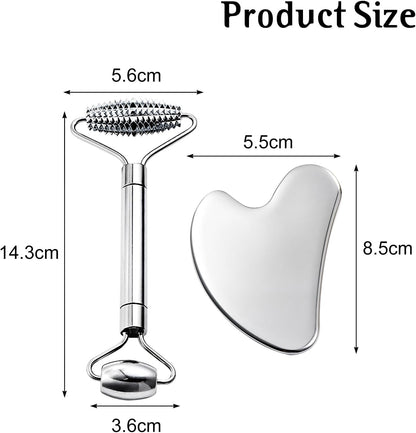 Gua Sha & Face Roller, Stainless Steel Gua Sha Facial Tools for Face, Eyes, Chin & Jawline Sculpting, Body Gua Sha Tools with Pouch