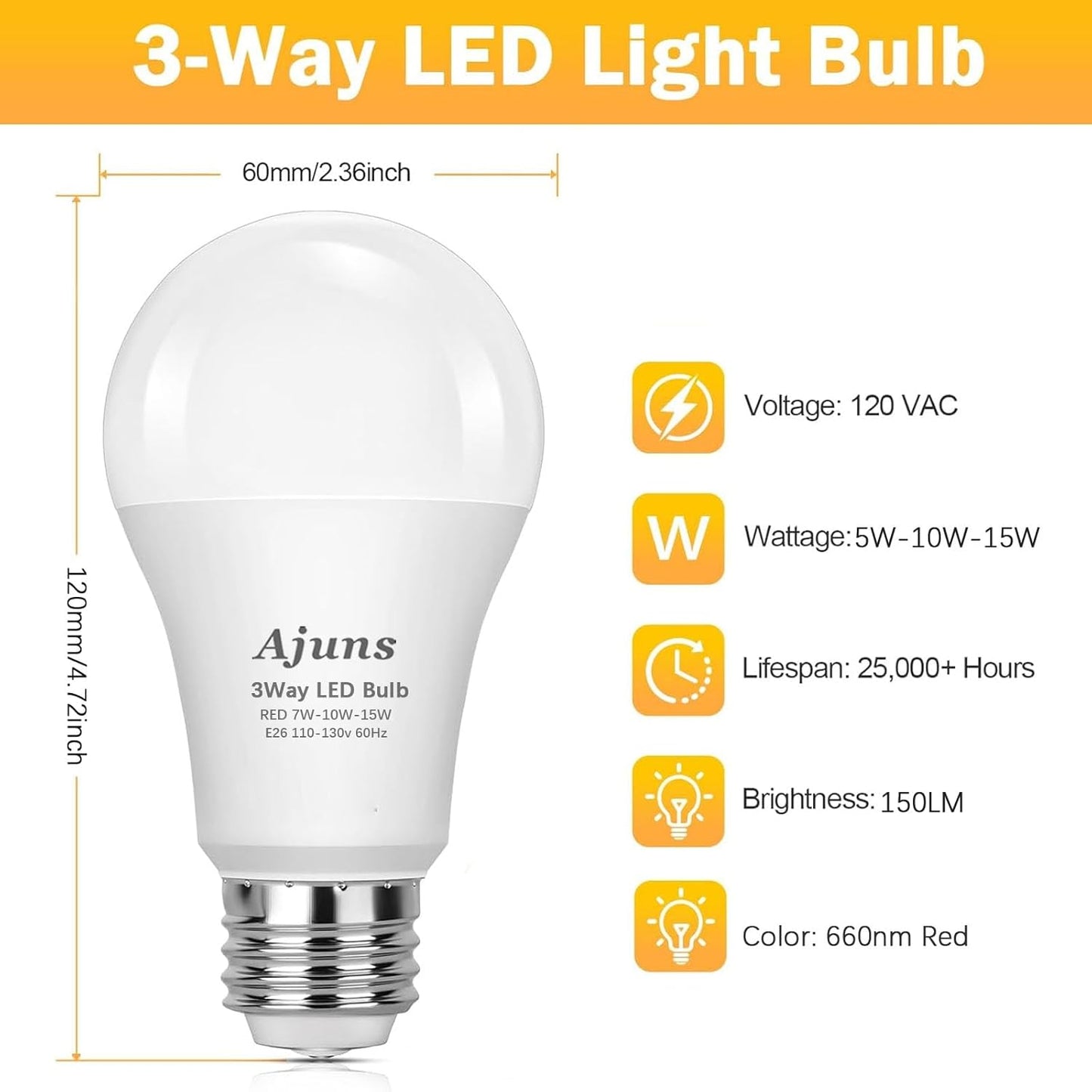 3Way Bulb Red Light Bulbs, 660Nm Red Light Bulb, E26 A19 3Way Bulb 5/10/15W, 3Way LED Bulb for Sleep, Reading, Desk Lamps, Floor Lamps, 2Packs