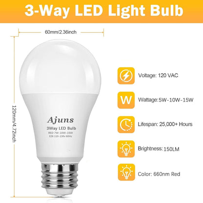 3Way Bulb Red Light Bulbs, 660Nm Red Light Bulb, E26 A19 3Way Bulb 5/10/15W, 3Way LED Bulb for Sleep, Reading, Desk Lamps, Floor Lamps, 2Packs