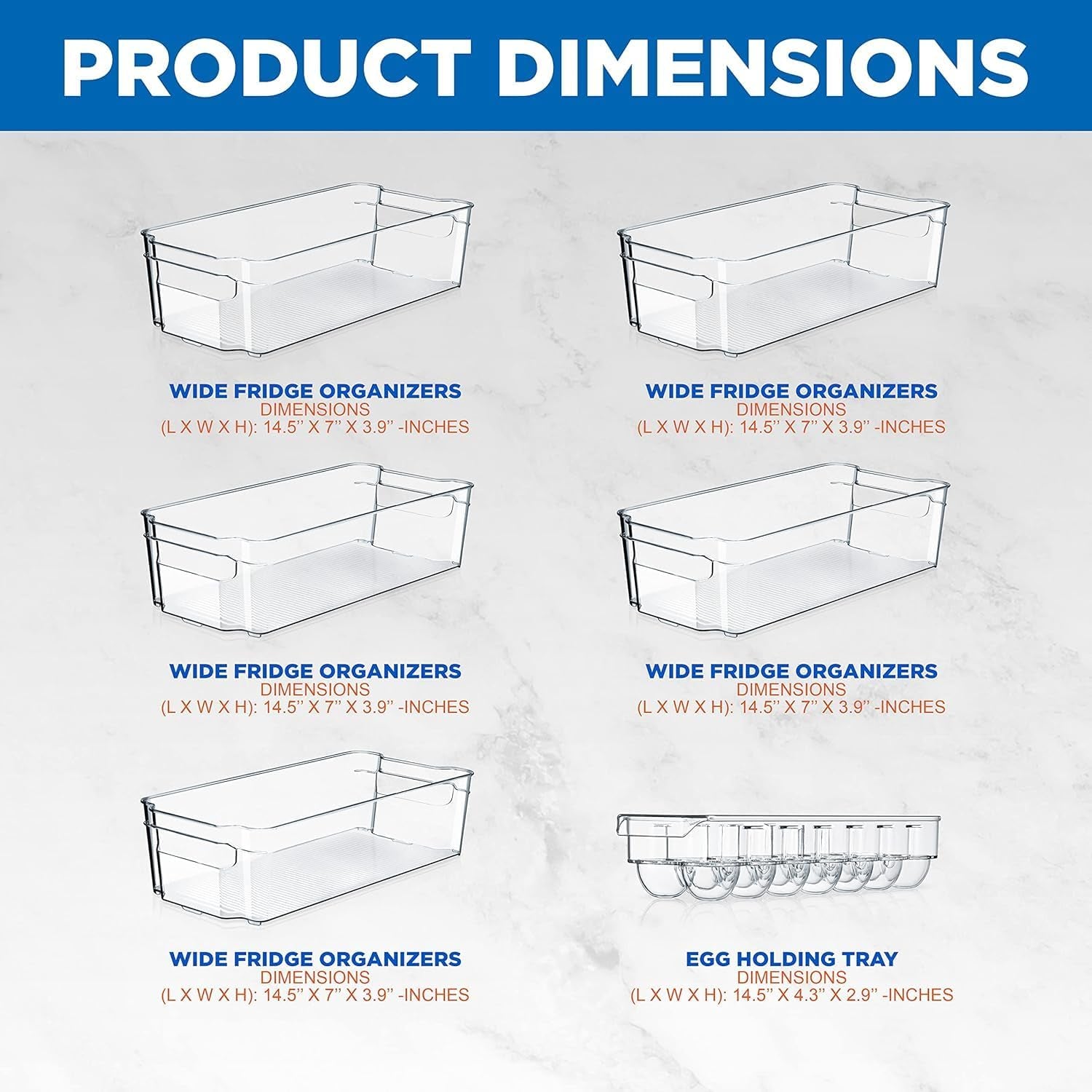 Refrigerator Organizer Bins 6-Piece - Plastic Storage Bins with Egg Holder - for Fridge, Freezer, Kitchen, Cabinet, Countertops, Pantry - Stackable Food & Drink Containers, 14.5"X7" - Clear