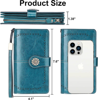 Womens Large Capacity Genuine Leather RFID Blocking Wallets Wristlet Clutch Card Holder