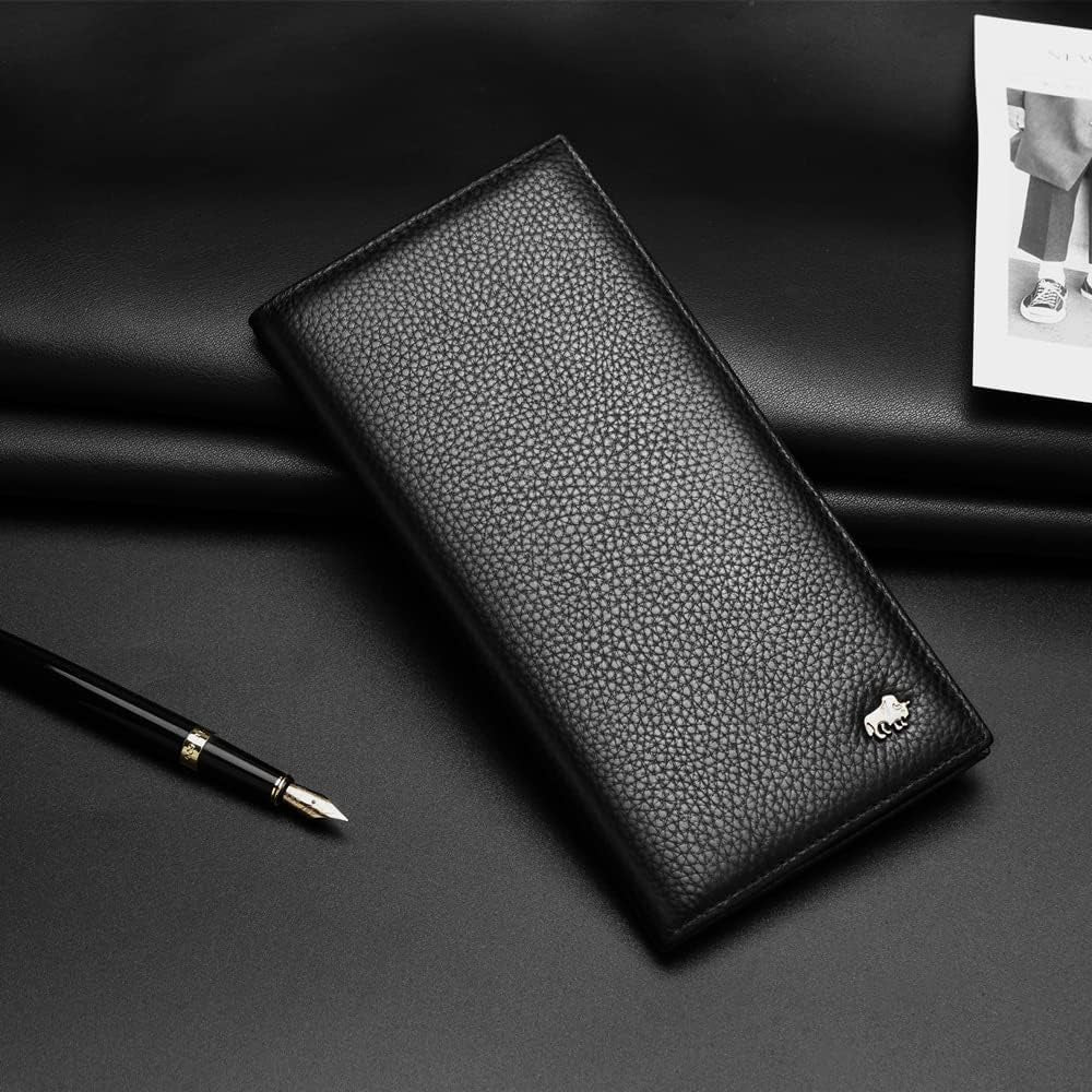 RFID Bifold Wallets Slim Credit Card Wallet Real Leather Mens Long Wallet with Zipper Coin Pocket