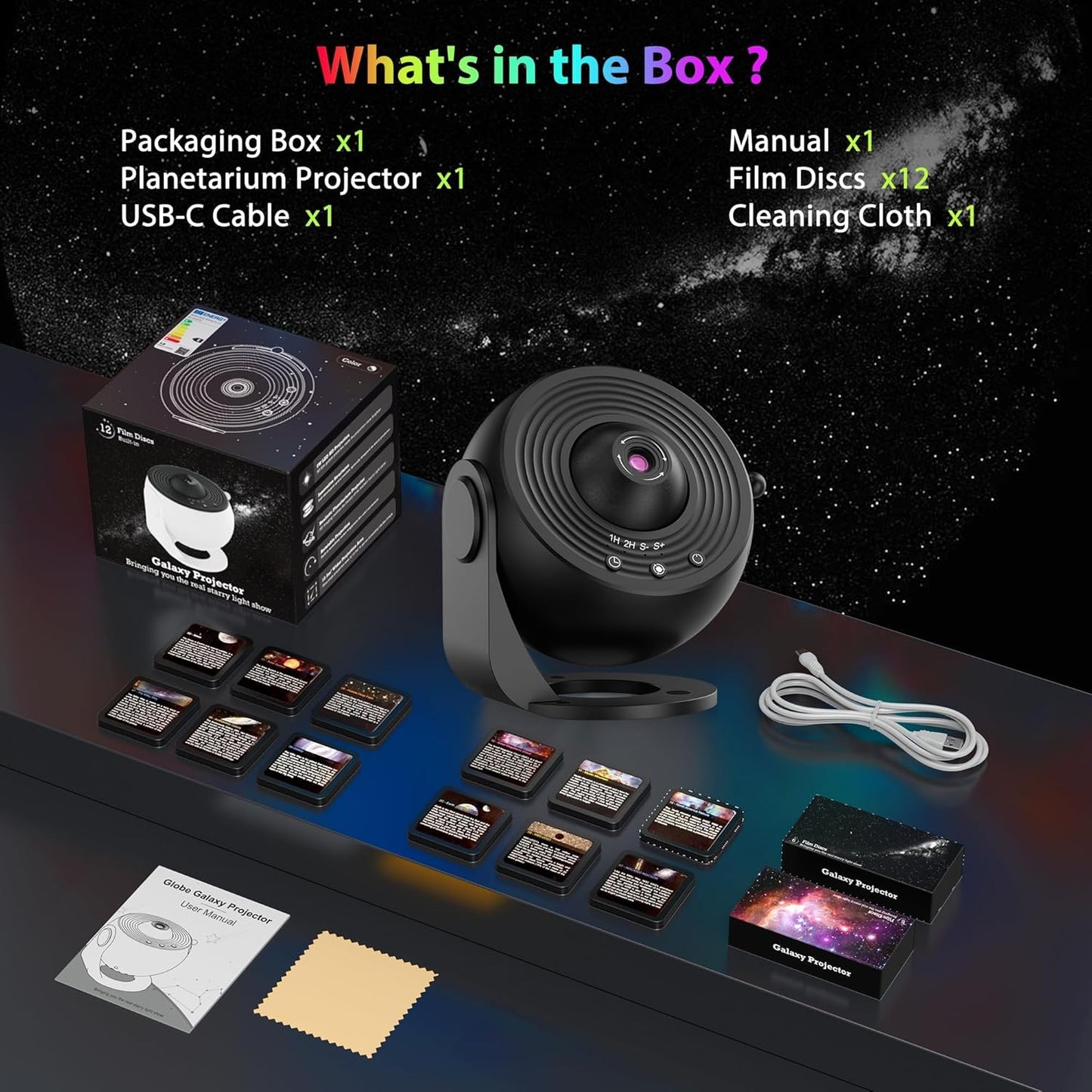 Galaxy Projector for Bedroom, HD Image Star Projector Galaxy Light Adjustable Knob, 13 Film Discs Planetarium Projector for Kids, 360° Rotating 1/2H Timer Simple 3-Button Control Deep Black