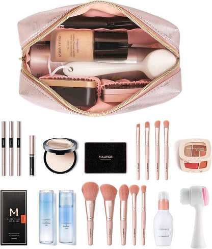 3 Pcs Makeup Bag Portable Travel Cosmetic Bag Large Makeup Bag Organizer with Gold Zipper Waterproof Toiletry Bags for Women and Girls(Rose Gold)
