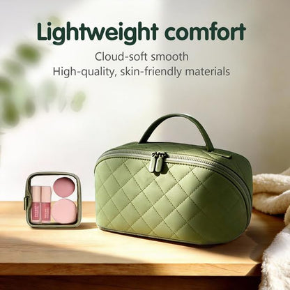 Travel Makeup Bag Toiletry Bags for Women Small Cute Brush Quilted Skincare Organizer Set My Parallel Toiletries Cosmetic Puffer Fold down Traveling Organizers Mini Purse Skin Care Lay Flat