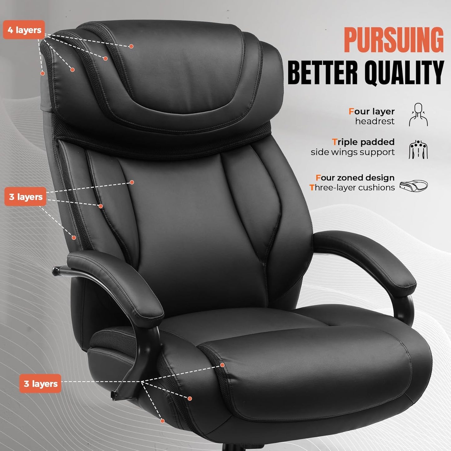 Big and Tall Office Chair 650Lbs Ergonomic Office Chair 6 Gear Adjustable Headrest Swivel Rocking Home Office Desk Chairs Leather High Back Executive Office Chairs with Thickened Armrests