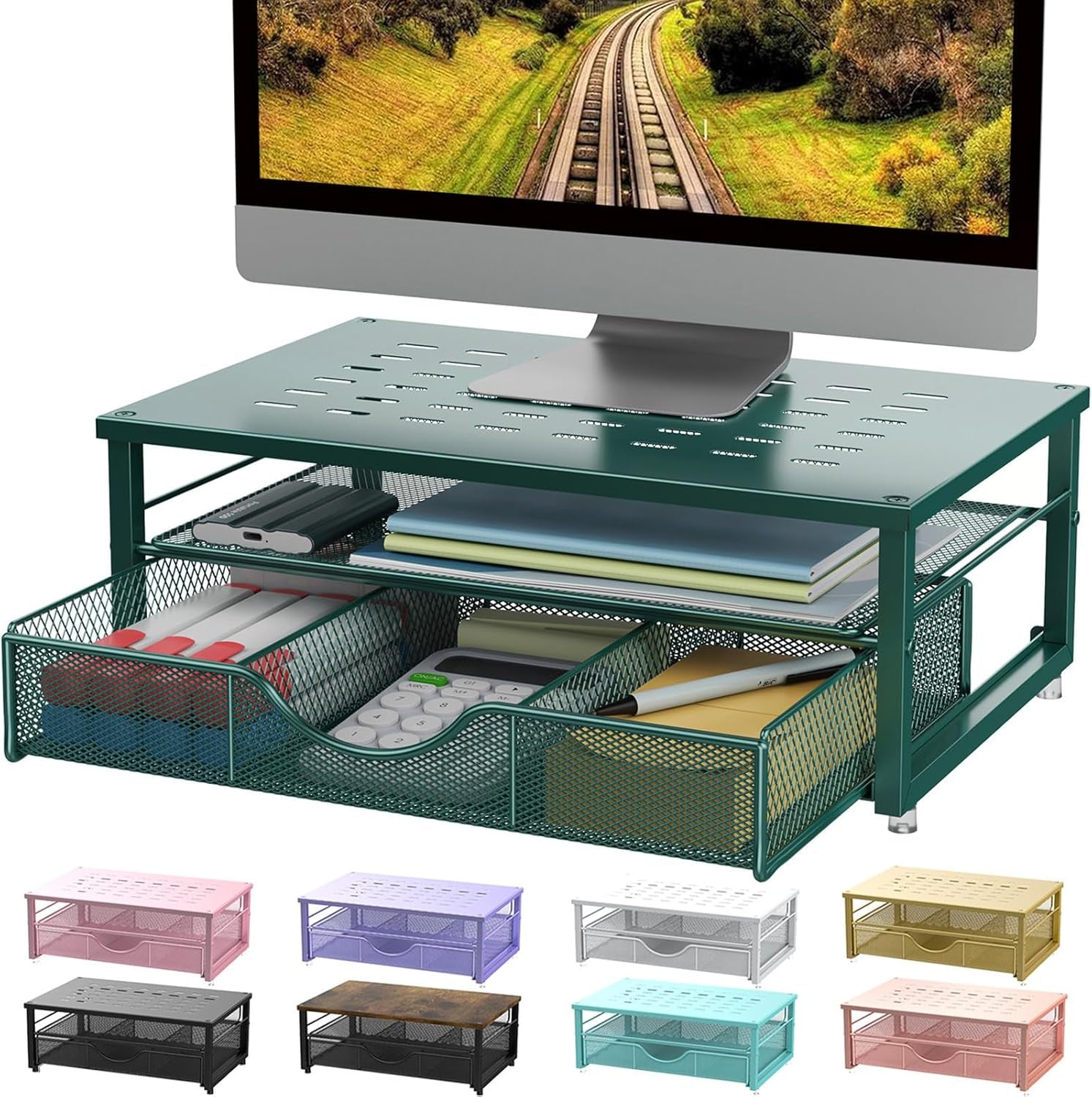 Computer Monitor Stand Riser, Office Organizer with Drawer, Office Organizers Storage for Classroom Office Supplies (Dark Green)