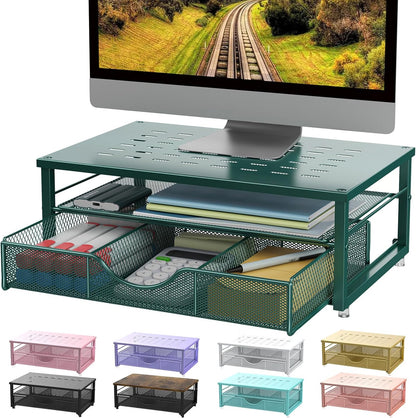 Computer Monitor Stand Riser, Office Organizer with Drawer, Office Organizers Storage for Classroom Office Supplies (Dark Green)