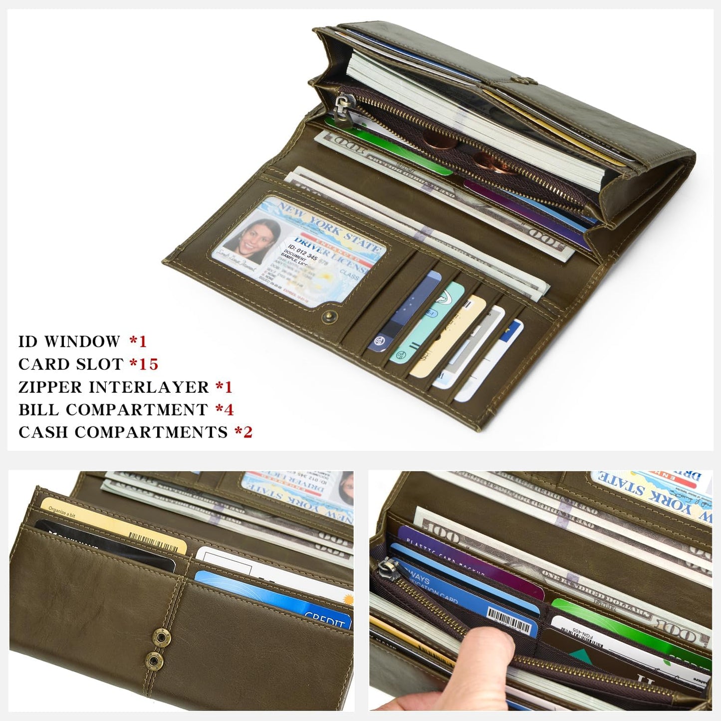 RFID Blocking Wallets for Women Leather Long Ladies Wallet Bifold Womens Wallet with Coin Pocket ID Window,Darkgreen