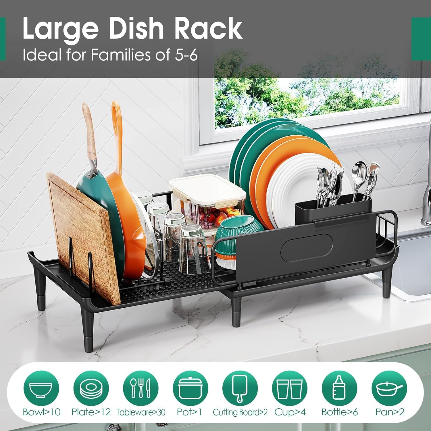Large Extendable Dish Drying Rack, 16.93" to 26.57" Expandable Dish Rack for Kithen Counter, with Multifunctional Drainboard, Fits Any Sink, Heavy-Duty Steel Plate Drainer for Countertop Organization