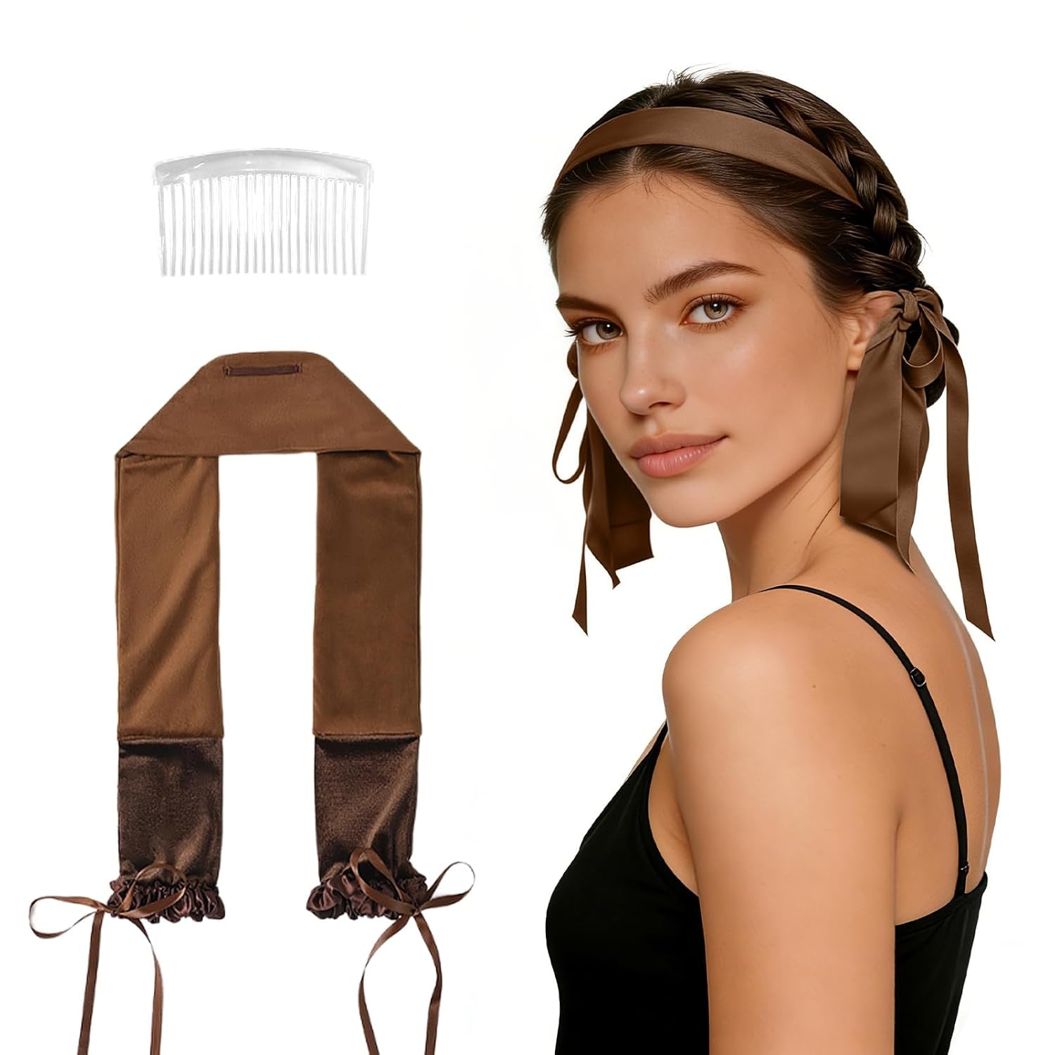 Curling Tie New Hair Curlers to Sleep In, Heatless Curls Overnight Headband, Soft Ribbon Wrap for Long Hair, Perfect Natural Curls Bouncy Curls Hairstyle Hair Suitable for All Hairs Types(Brown)
