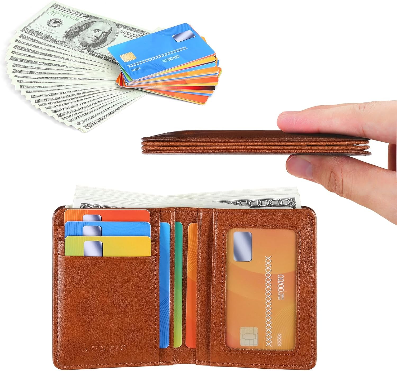 Bifold Slim Men Wallet Genuine Leather Thin, Small Vertical RFID Blocking Wallets for Men ，Compact & Stylish with Clear ID Windows (Brown)