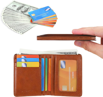 Bifold Slim Men Wallet Genuine Leather Thin, Small Vertical RFID Blocking Wallets for Men ，Compact & Stylish with Clear ID Windows (Brown)