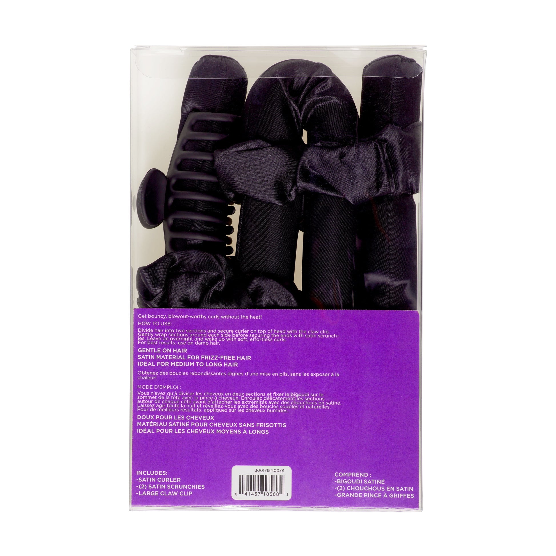 Black Overnight Heatless Hair Curler Set with Claw Clip and Satin Scrunchies, No Heat, 4 Ct
