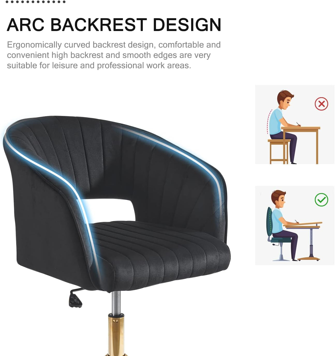 Velvet Office Desk Chair, Upholstered Home Office Desk Chairs with Adjustable Swivel Wheels, Ergonomic Office Chair for Living Room, Bedroom, Office, Vanity Study (Black)